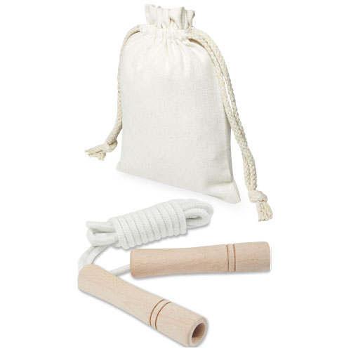 Corde à sauter bois adulte personnalisée et pochette en coton Denise Blanc cassé et Bois